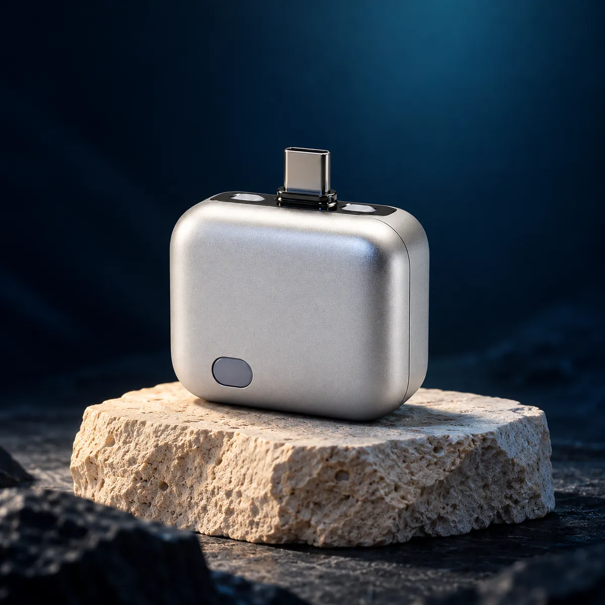 Adaptador Plux de aluminio sobre una piedra