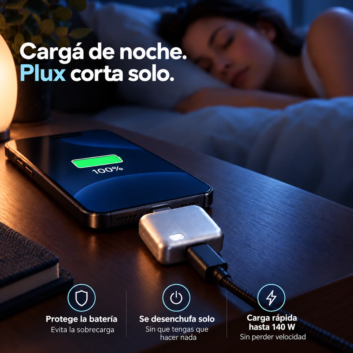 Plux cargando un celular de noche: protege la batería, se desenchufa solo y deja pasar la carga rápida