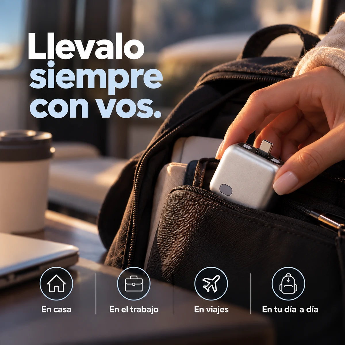 Plux entrando en una mochila: llevalo en casa, en el trabajo, en viajes y en tu día a día