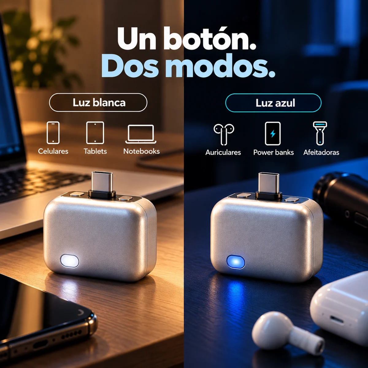 Un botón, dos modos: luz blanca para celulares, tablets y notebooks; luz azul para auriculares, power banks y afeitadoras